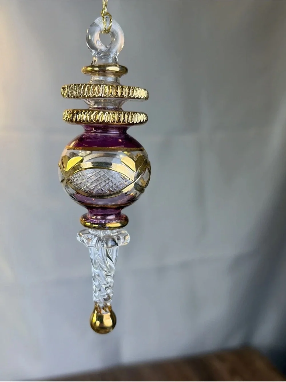 Set of 2 Egyptian Hand Blown Fancy Gold Purple Etched Glass Christmas Ornaments